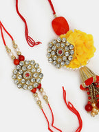 NVR Women & Men Set of 2 Red & Gold-Toned Stone-Studded & Beaded Bhaiya Bhabhi Rakhi With Roli Chawal - Distacart