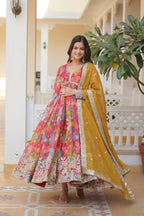 Jyoti Fashion Women's Pink & Yellow Russian Silk Sequins Zari Embroidery Anarkali Dress with Dupatta