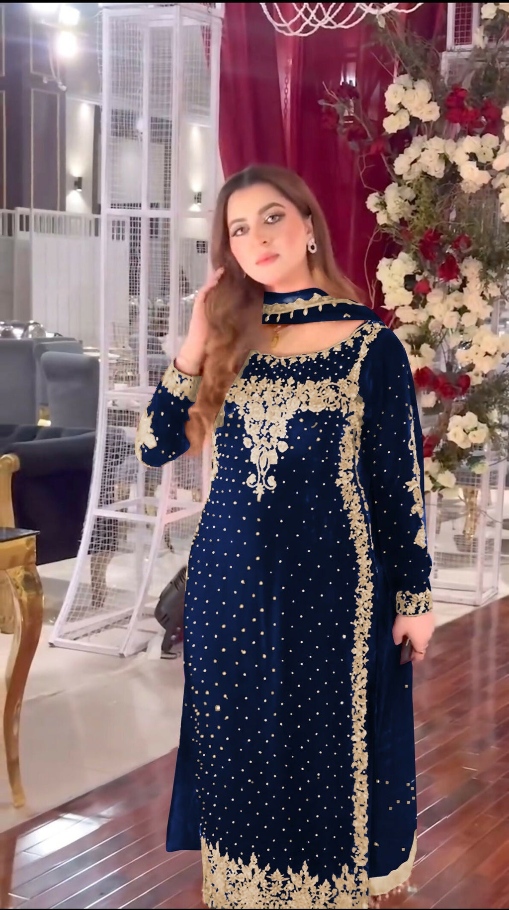 Joban Fashion Blue Velvet Sequence Embroidery Work Kurta Set - Distacart