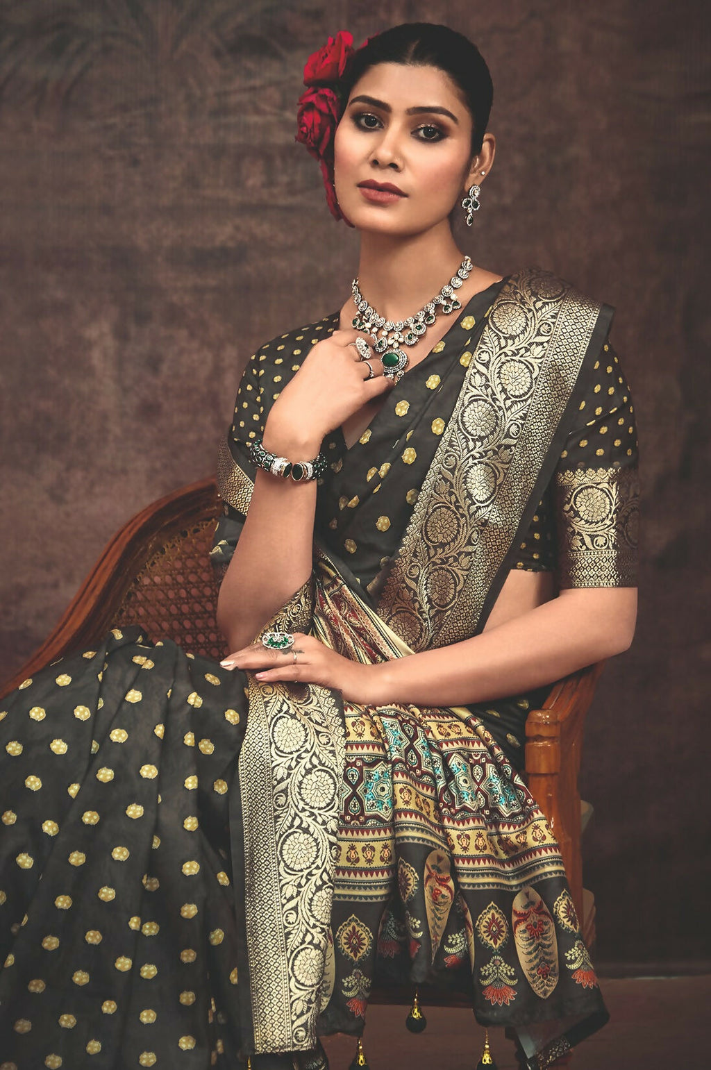 Joban Fashion Black Art Silk With Fine Viscose Border Ajrak Full Body Print With Soft Finish Saree - Distacart