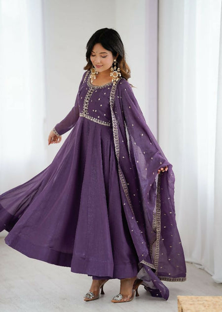 The52 Women's Beautiful Embroidery Work Crunchy Silk Fabric Flared Anarkali Pant and Dupatta Set
