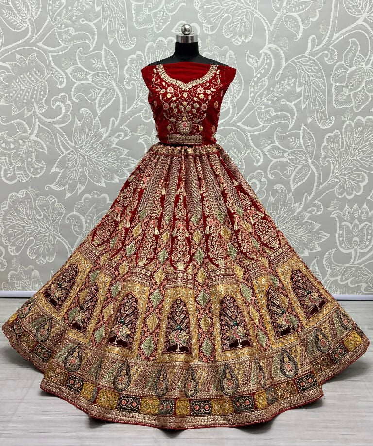 Jyoti Fashion Women's Red Velvet Fancy Dori, Zari with Multi Thread Embroidered Wedding Lehenga Choli