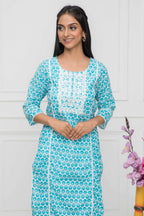 Myshka Blue Women Solid Cotton Straight Round Neck Kurtas - Distacart