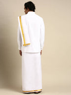 Ramraj Cotton Mens Wedding White Regular Dhoti, Shirt & Towel Set Subhakalyan 1"