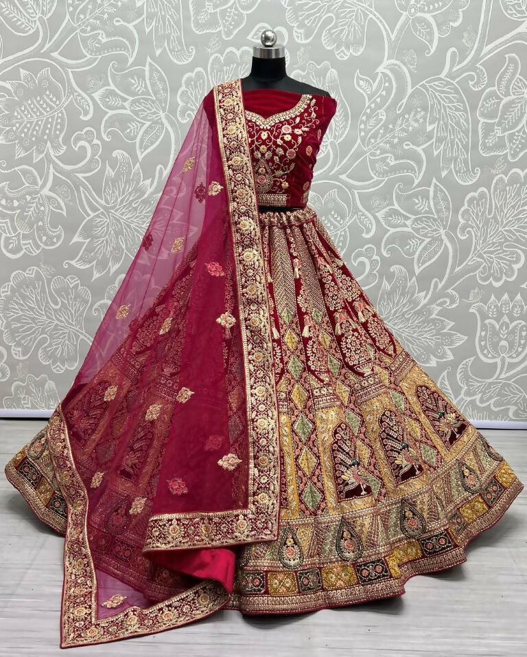 Jyoti Fashion Women's Rani Pink Velvet Fancy Dori, Zari with Multi Thread Embroidered Wedding Lehenga Choli