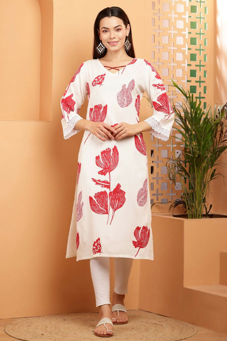 Cheera Women Stylish Hand Block Printed Cotton Blend Flared Kurta - Off White