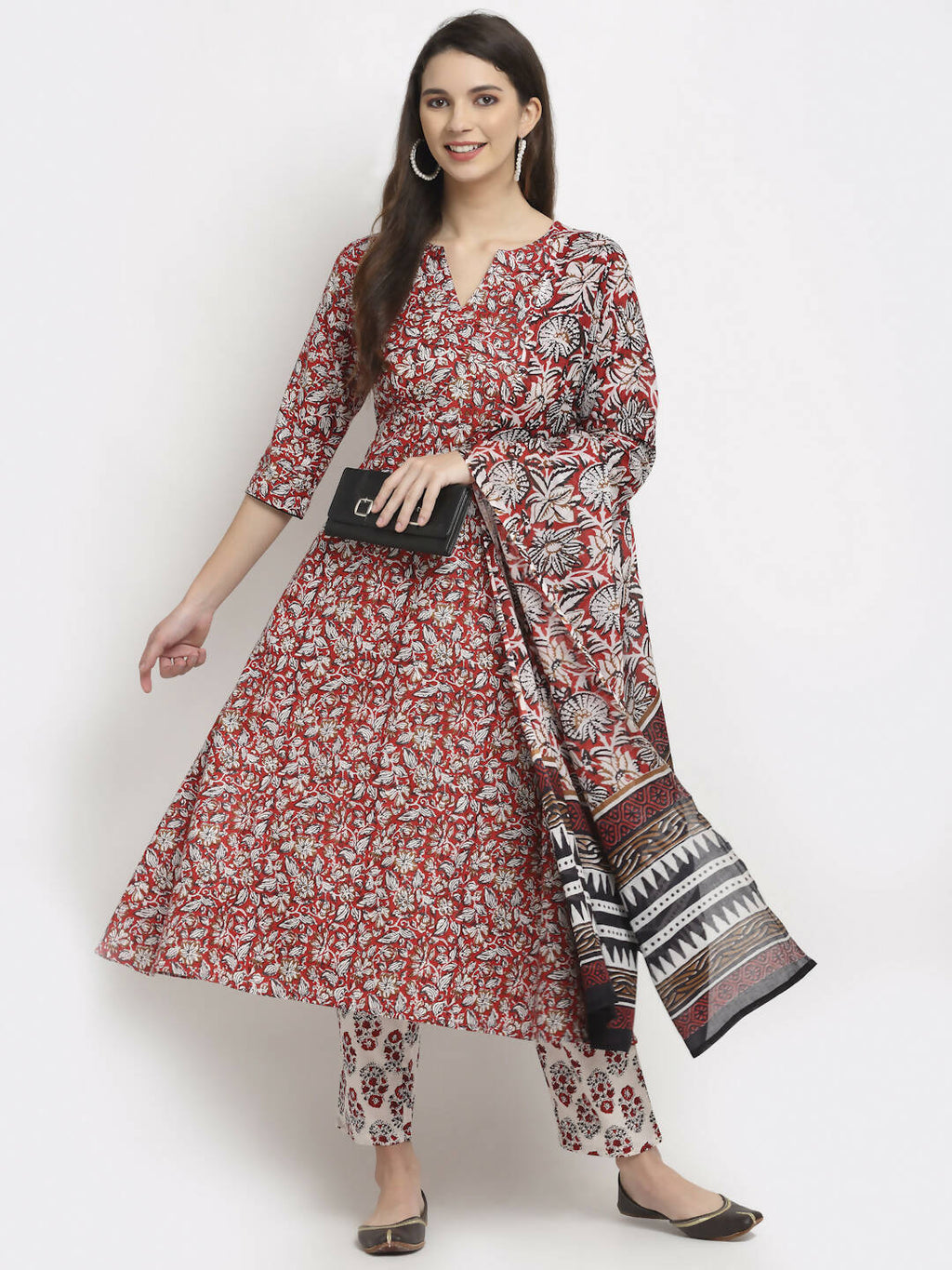 Rudra Bazaar Leaf Printed Anarkali Red Suit Set With Dupatta - Distacart