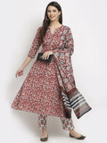 Rudra Bazaar Leaf Printed Anarkali Red Suit Set With Dupatta - Distacart