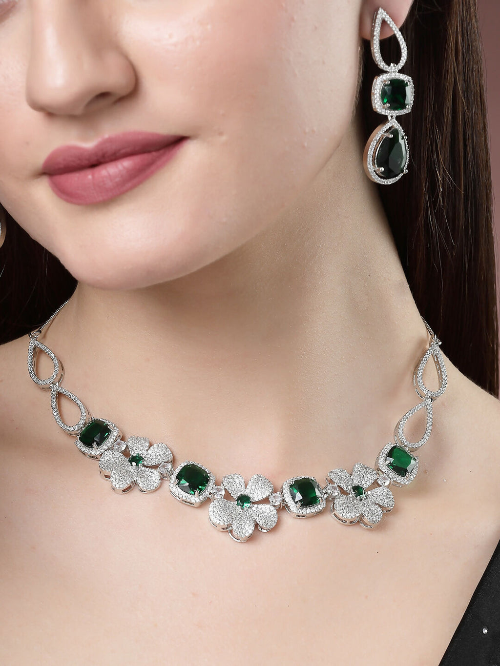 NVR Women's Green & Silver-Plated American Diamond Handcrafted Jewellery Set