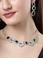NVR Women's Green & Silver-Plated American Diamond Handcrafted Jewellery Set