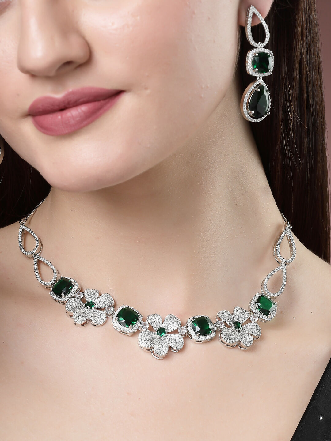 NVR Women's Green & Silver-Plated American Diamond Handcrafted Jewellery Set