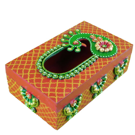 Kundan HandiKrafts Mdf Tissue Box - Red And Yellow