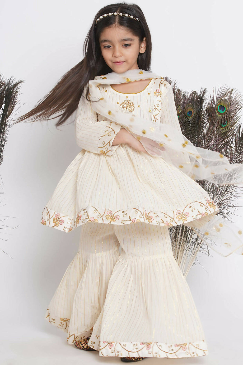 Little Bansi Floral Embroidery Jacket With Cotton Lurex Frock Sharara And Dupatta With Ghungroo Handwork - Cream
