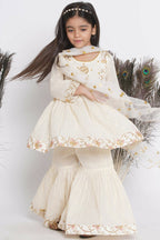 Little Bansi Floral Embroidery Jacket With Cotton Lurex Frock Sharara And Dupatta With Ghungroo Handwork - Cream