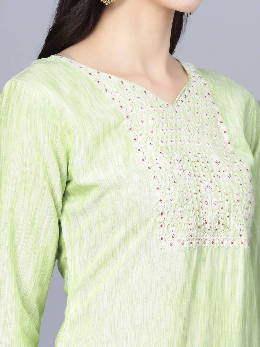 Myshka Women Lime Green Floral Printed Panelled Pure Cotton Kurti with Trousers With Dupatta - Distacart