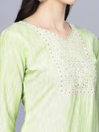 Myshka Women Lime Green Floral Printed Panelled Pure Cotton Kurti with Trousers With Dupatta - Distacart