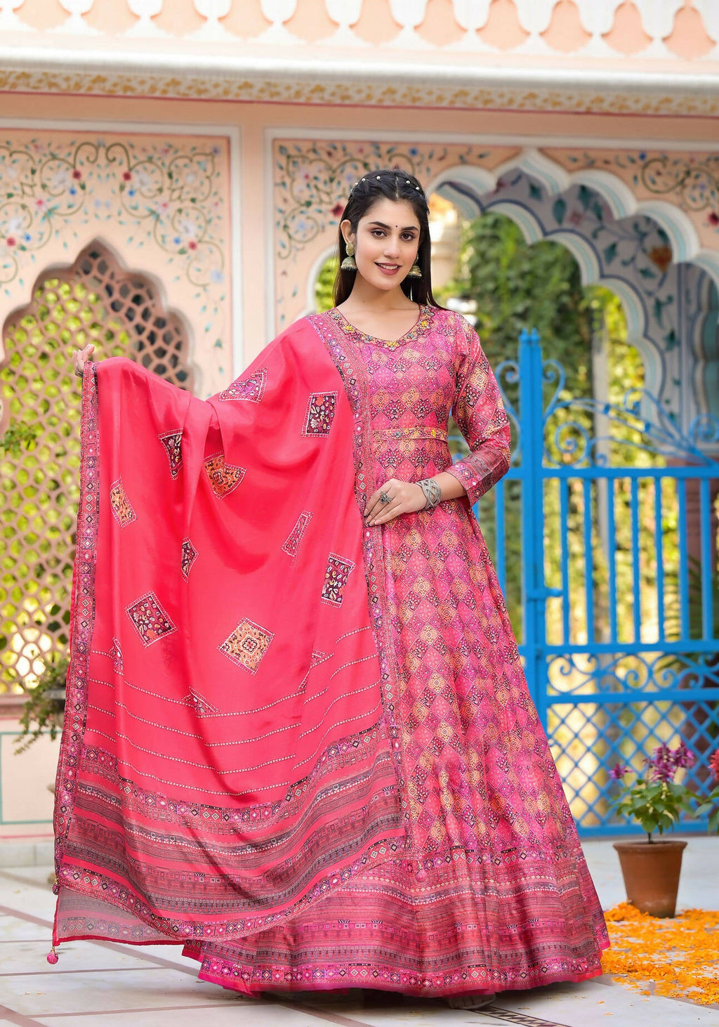 Functional Designer Dark Pink Dola Silk Anarkali suit with Dupatta - Ramya