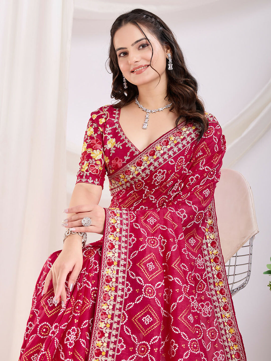 Red Vichitra Silk Bandhani Printed, Embroidery Work Saree - Ditya