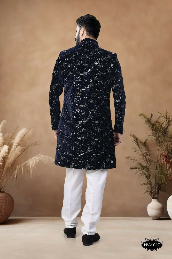 Joban Fashion Men's Blue Straight Velvet Thread & Sequence Embroidery All Over Indo-Western Kurta Set