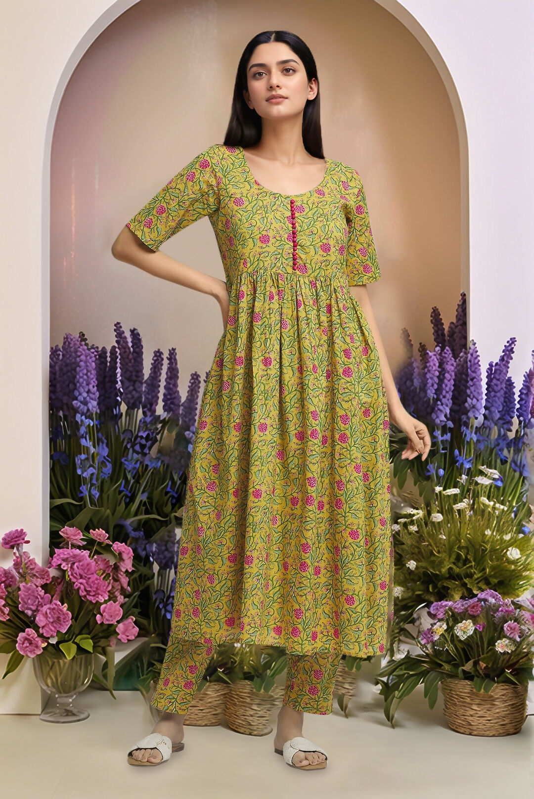 Joban Fashion Printed Mustard Yellow Gather Kurta And Pant