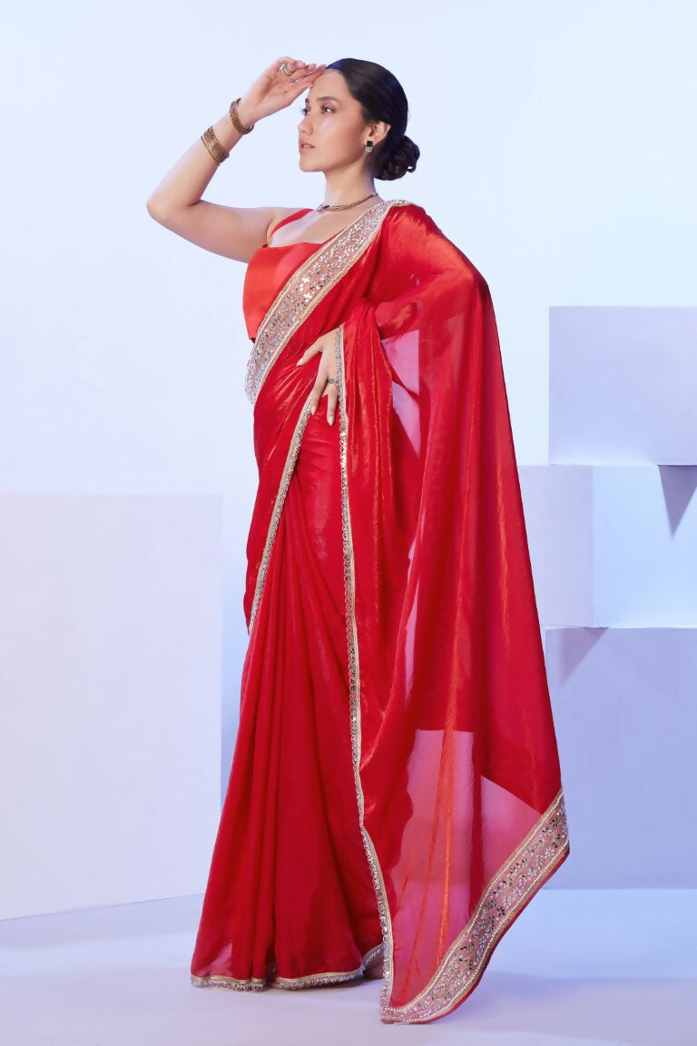 Red Satin Jimmy Choo Solid Designer & Lace Work Saree - Samaa
