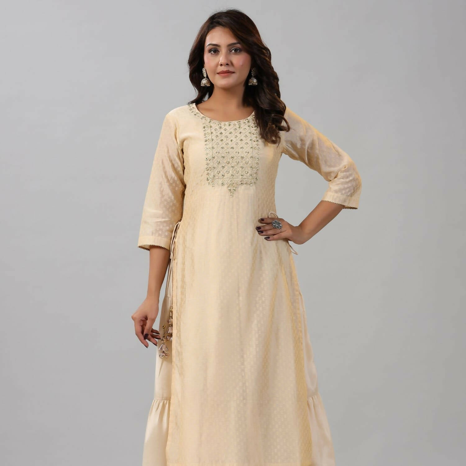 Juniper Women Gold Chanderi Printed Layered Maxi Dress with Embroidered Yoke - Distacart
