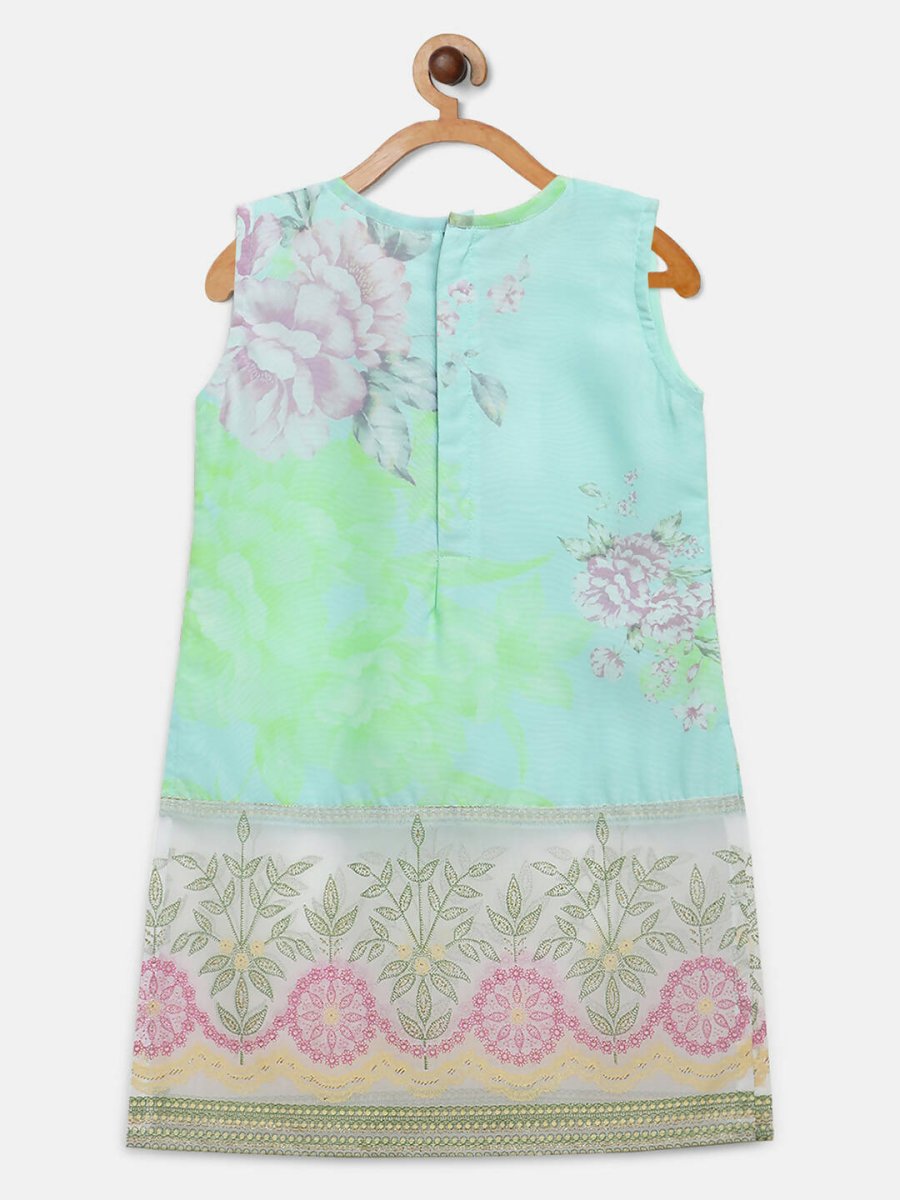 Ahalyaa Aqua Blue Crepe Printed Kids Kurta Palazzo Sets For Girls