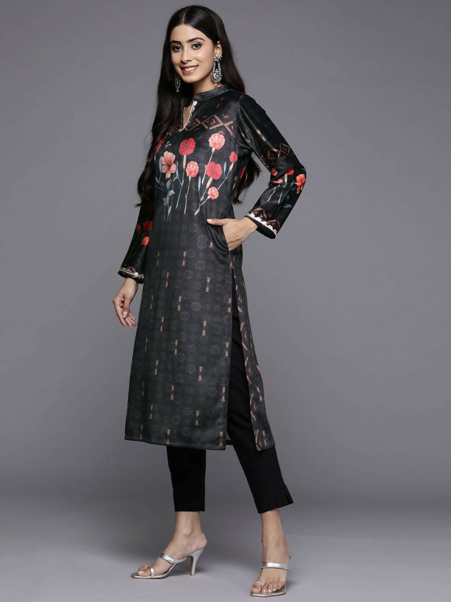 Ahalyaa Women Black & Red Floral Printed Gotta Patti Floral Velvet Kurta - Distacart