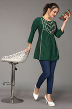 Women's Dark Green Viscose blend Embroidered Short Top - Marina
