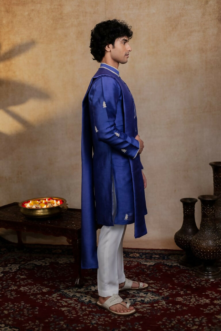 Falling Raw Silk Dark Blue Silver Stitches Kurta Set By Hilo Design