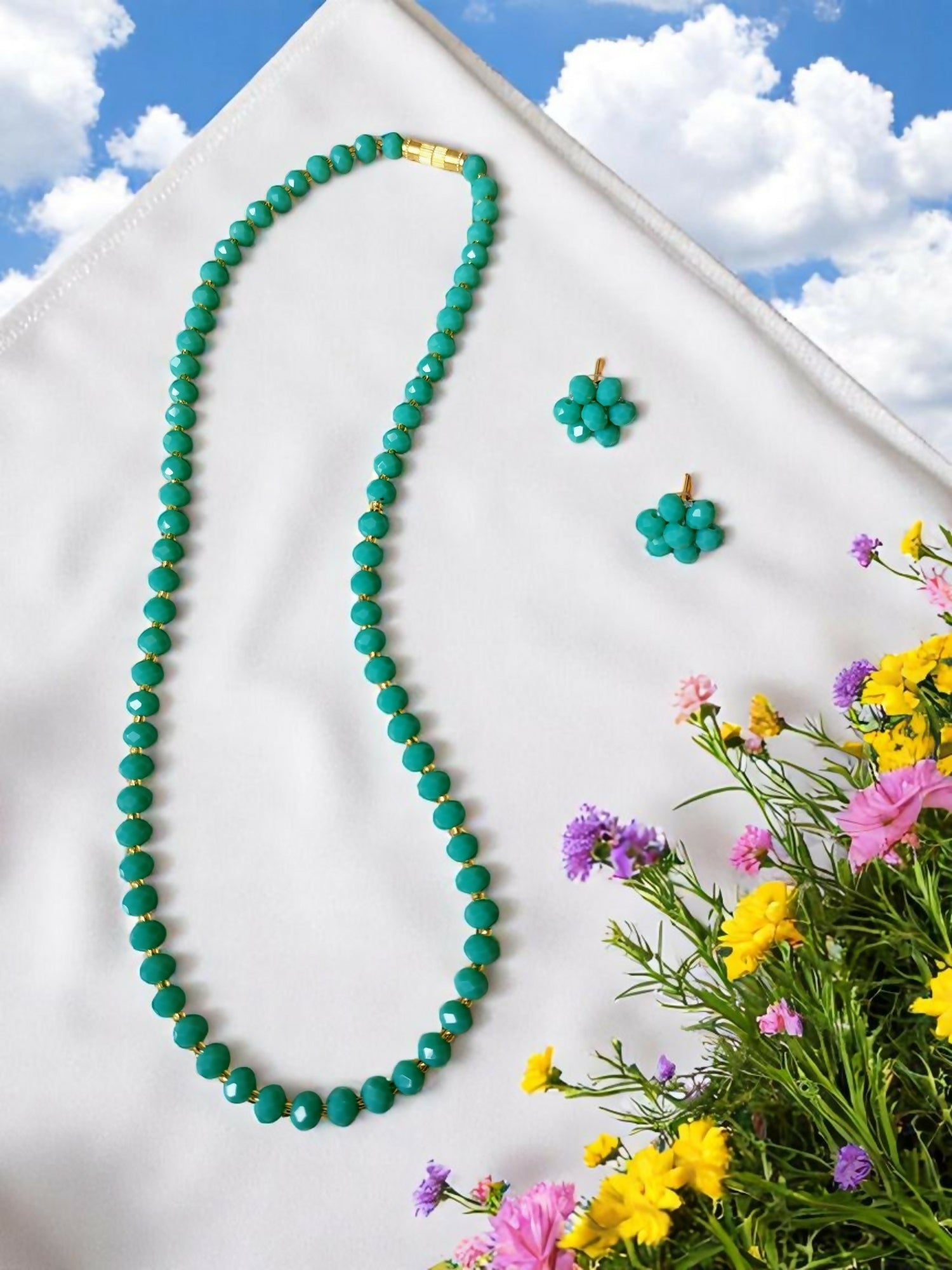Inhanns Crystal Bloom – Single Line Necklace + Studs - Sea Green