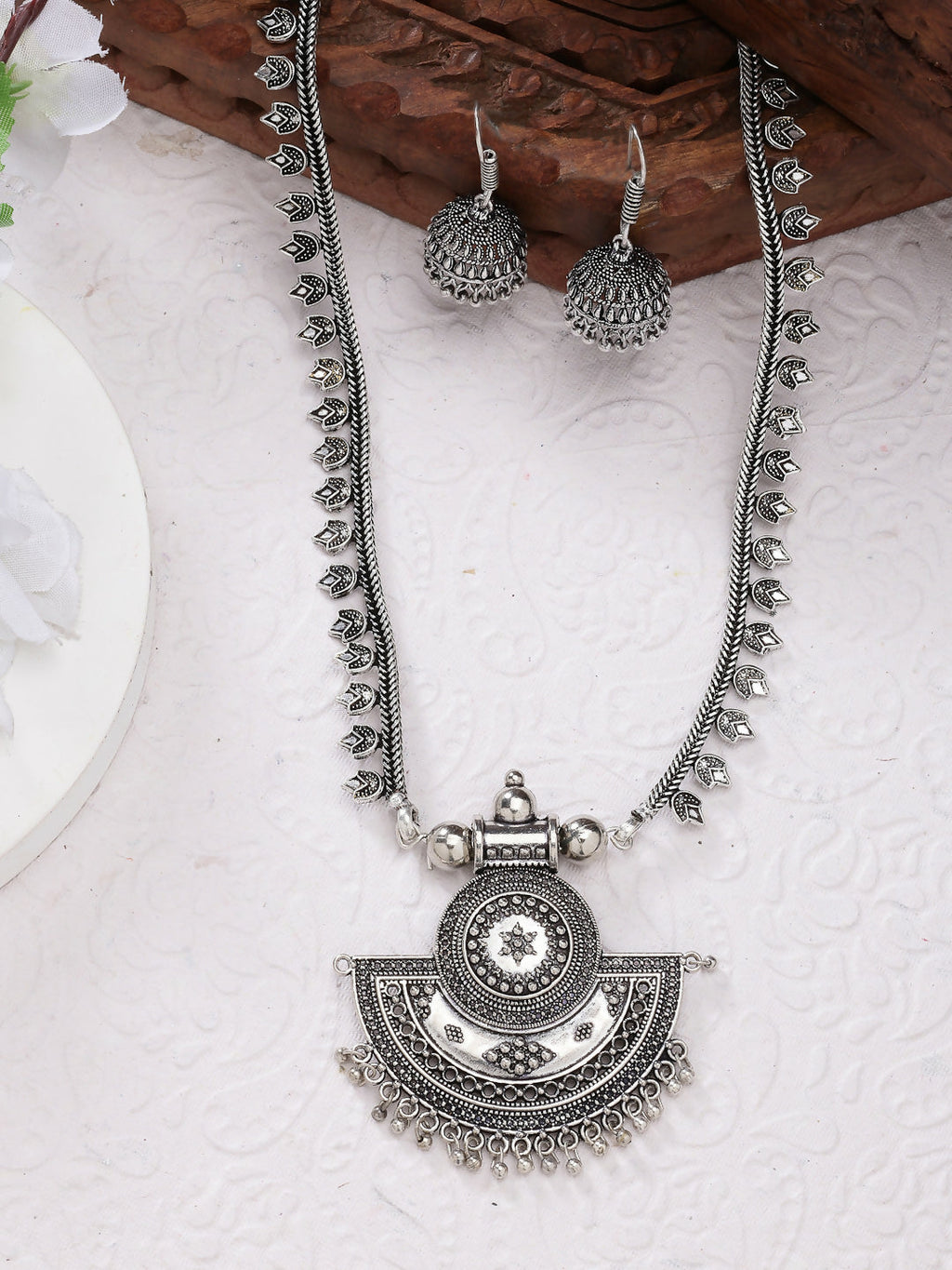 NVR Women's Silver-Toned German Silver Oxidised Necklace with Jhumka Earrings
