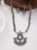 NVR Women's Silver-Toned German Silver Oxidised Necklace with Jhumka Earrings