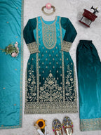 The52 Women's Gorgeous Chinon silk Fabric Embroidery Work Straight Kurta Palazzo and Dupatta Set - Distacart