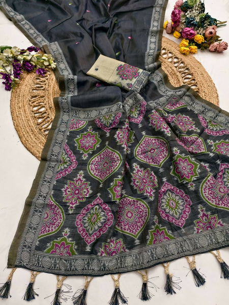 Vastranavya Black Muga Cotton Meenakari & Azarakh Pallu Saree with Contrast Blouse