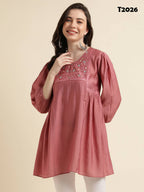 Pink Chinon Yoke Embroidered A-line Top - Tarini