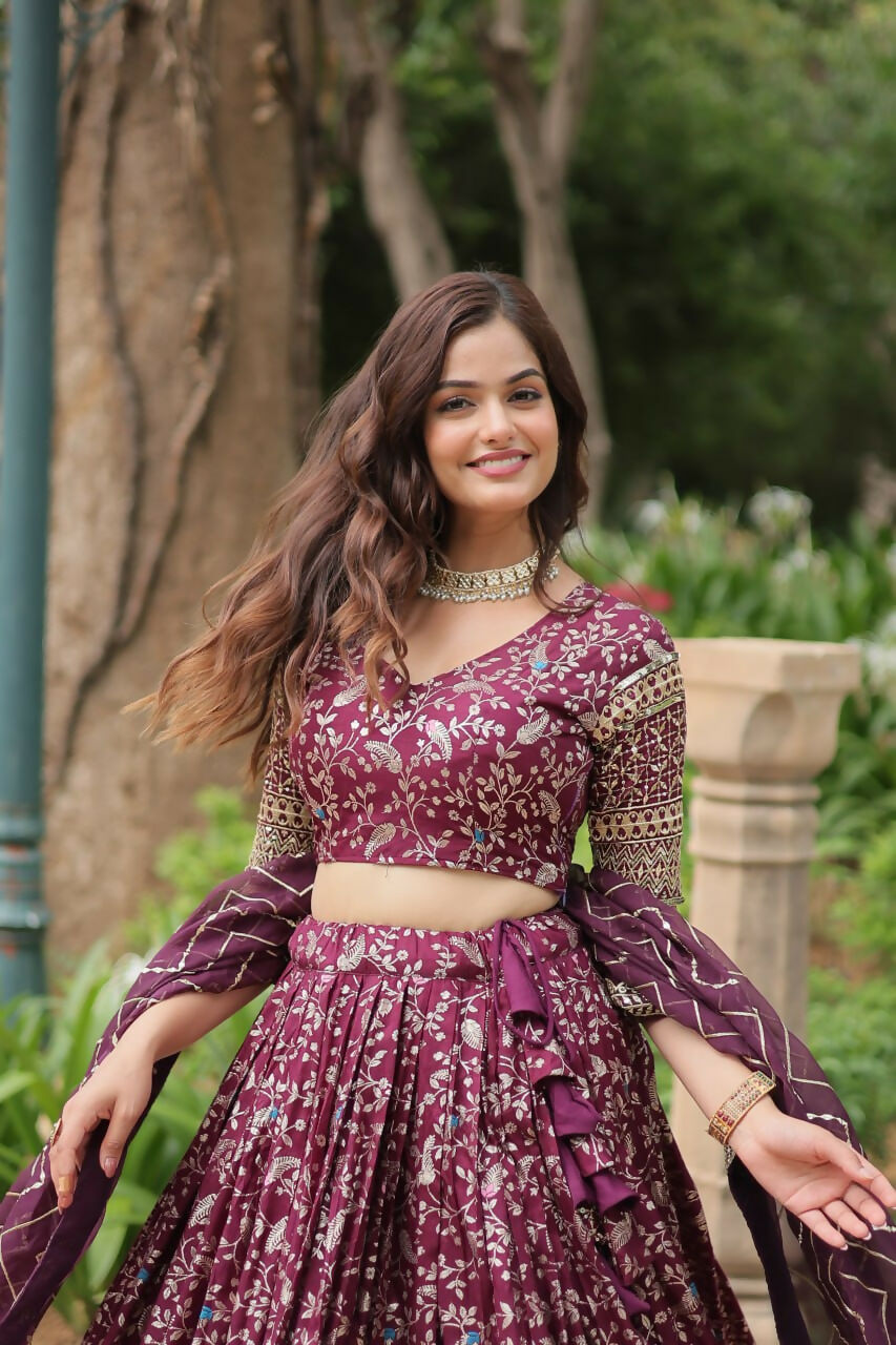 Lorenvalley Wine Pure Viscose Jacquard with Golden Embroidered Sequins work Lehenga Choli