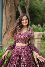 Lorenvalley Wine Pure Viscose Jacquard with Golden Embroidered Sequins work Lehenga Choli
