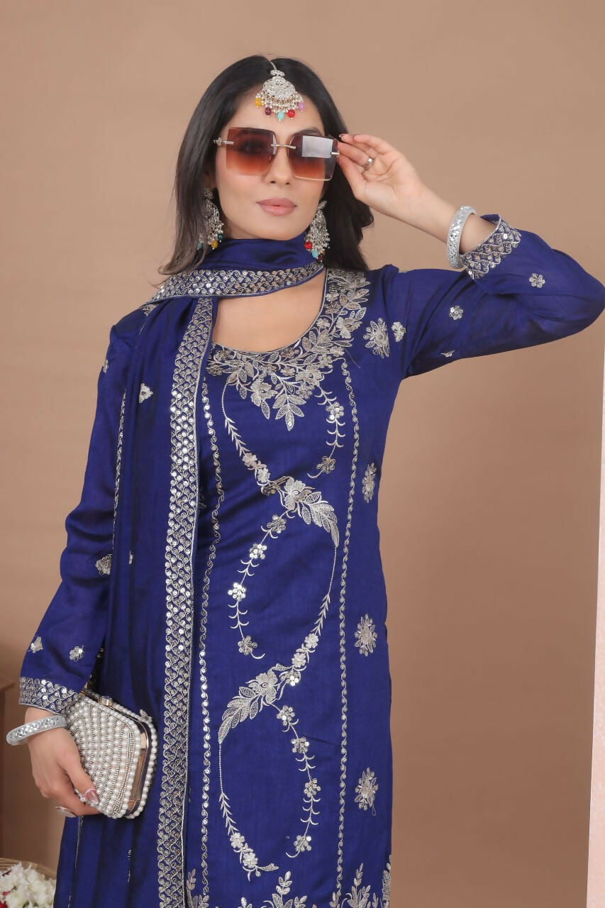 Teeya Creation Blue Color Vichitra Silk Embroidery Work Wedding Wear Palazzo Set - Distacart
