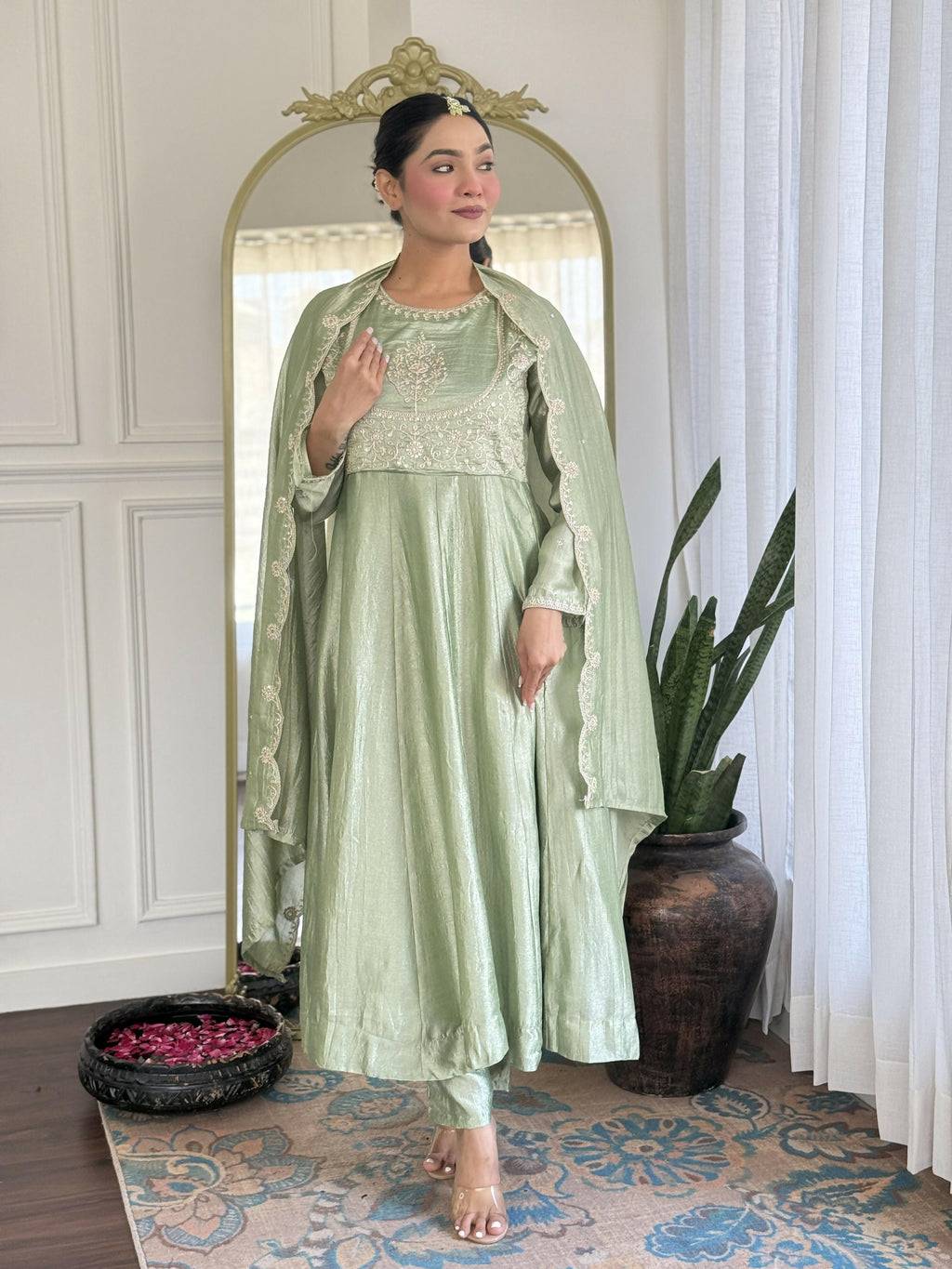 The52 Pista Women's Gorgeous Embroidered Vichitra Silk Fabric Flared Kurta Pant with Dupatta Set - Distacart
