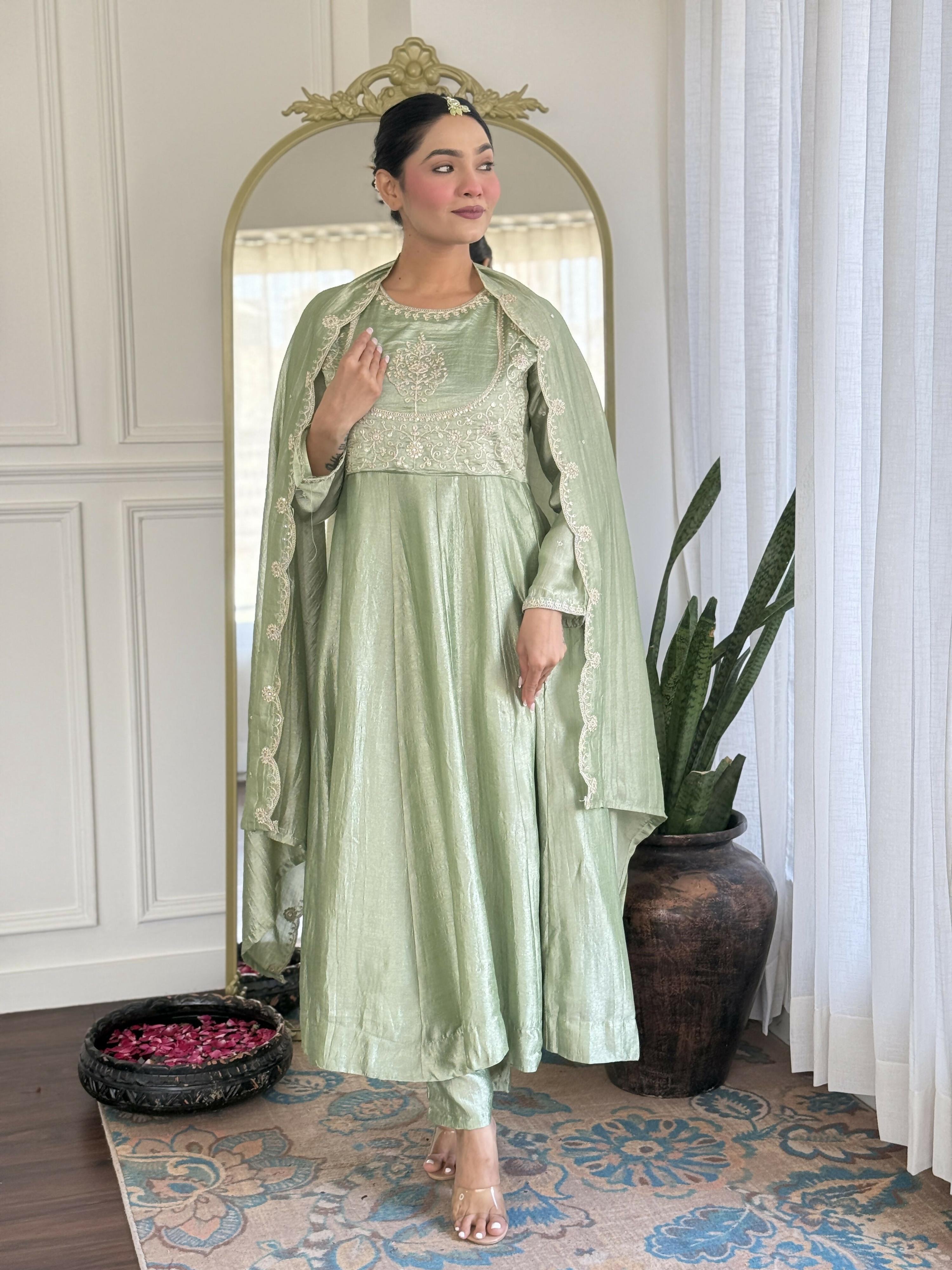 The52 Pista Women's Gorgeous Embroidered Vichitra Silk Fabric Flared Kurta Pant with Dupatta Set - Distacart