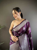 Joban Fashion Wine Floral Motifs Soft Silk Banarasi Saree - Distacart