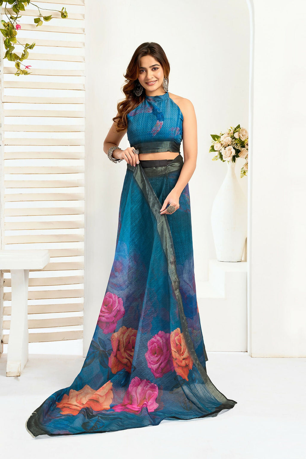 Vastranavya Teal Digital Printed Linen Ready To Wear Designer Saree with Unstitched Blouse - Distacart