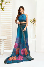 Vastranavya Teal Digital Printed Linen Ready To Wear Designer Saree with Unstitched Blouse - Distacart
