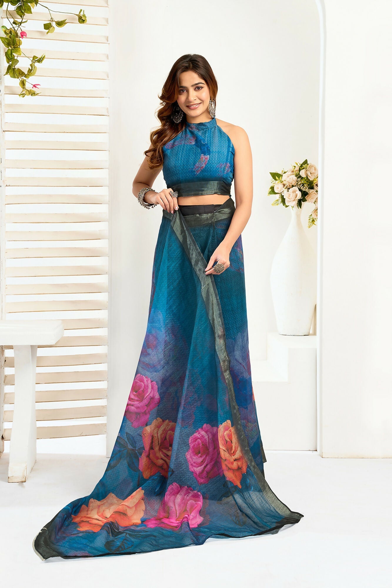Vastranavya Teal Digital Printed Linen Ready To Wear Designer Saree with Unstitched Blouse - Distacart