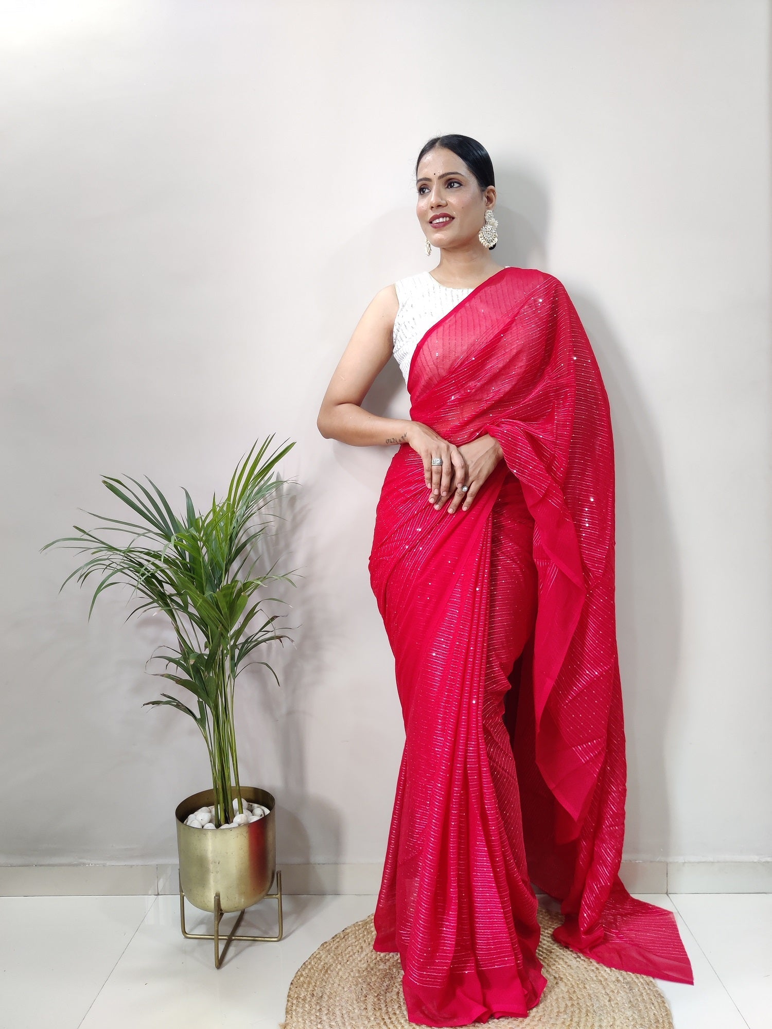 Teeya Creation Gajari Color Georgette Fabric Heavy Work Saree