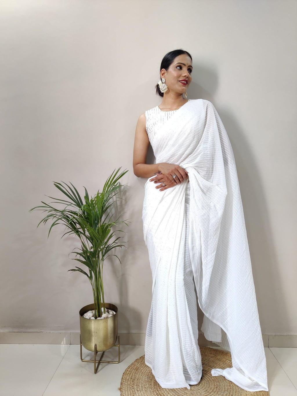 Teeya Creation White Color Georgette Fabric Heavy Work Saree