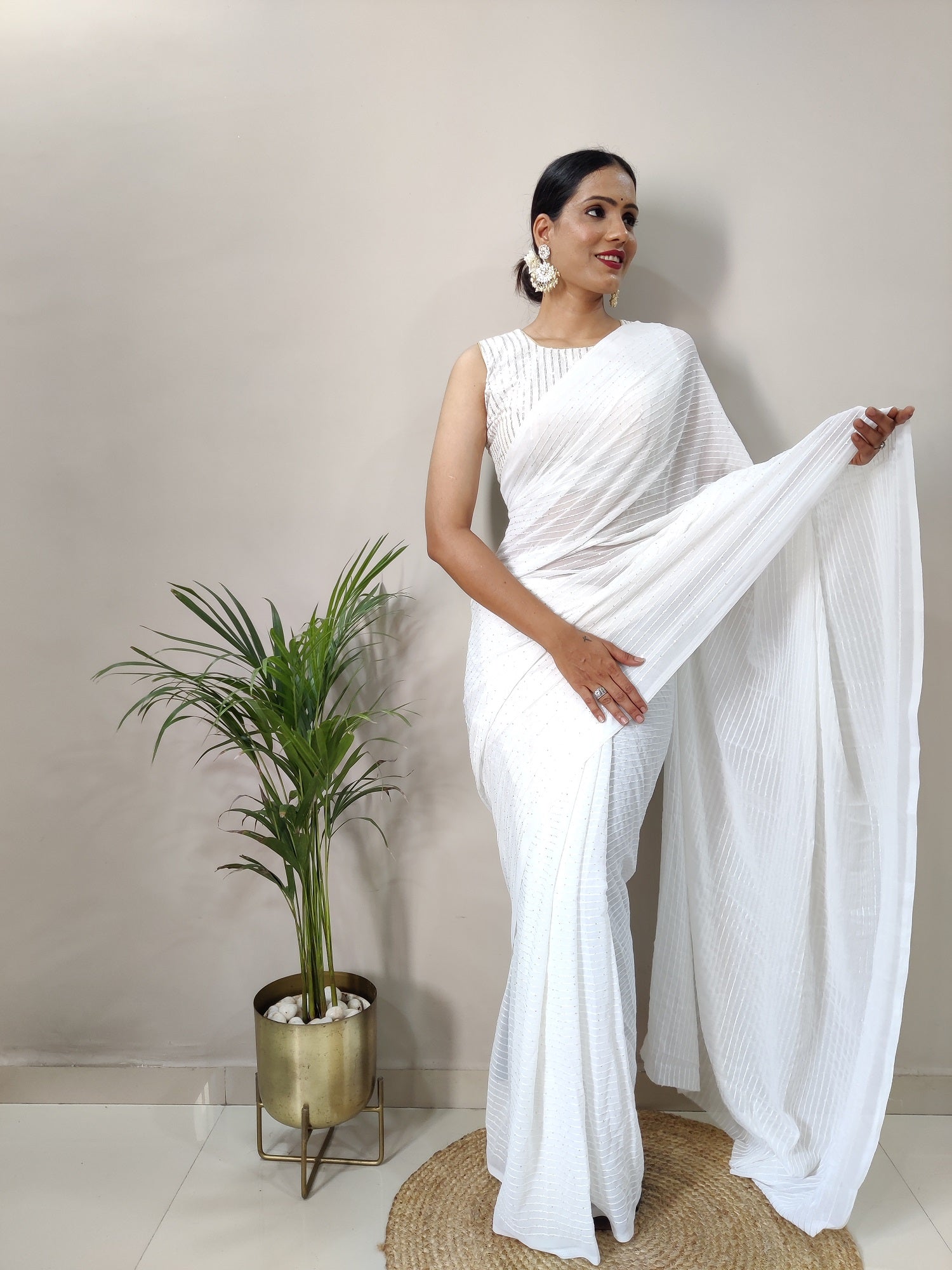 Teeya Creation White Color Georgette Fabric Heavy Work Saree
