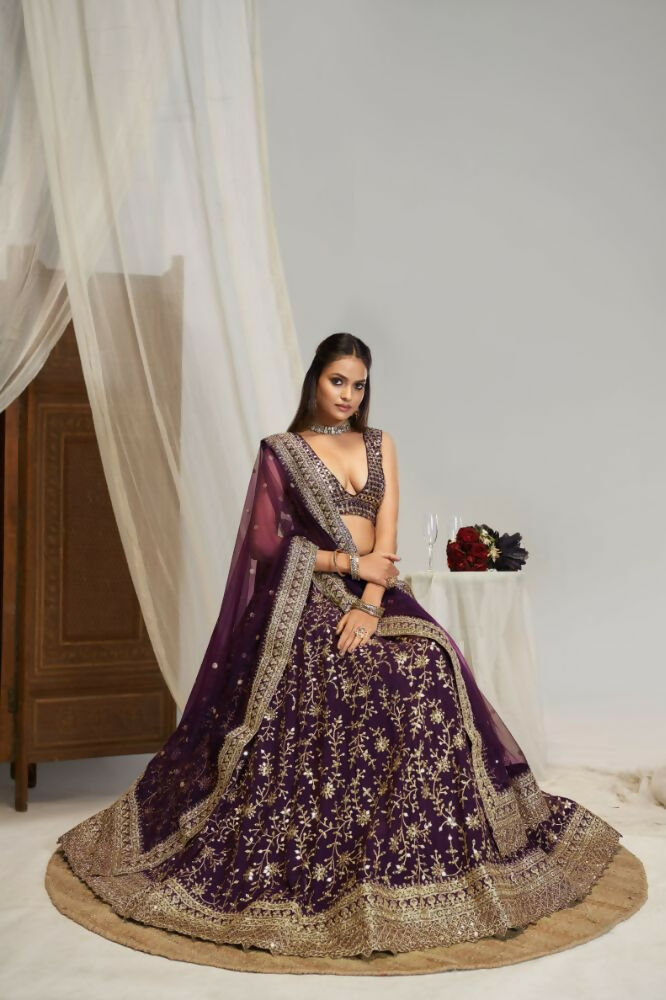 Purple Georgette Sequence Embroidery Work Lehenga Choli - Jihu Culture