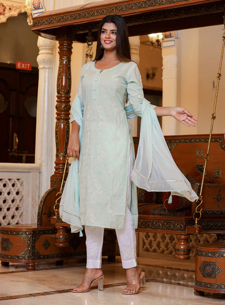 Kaajh Women's Green Lucknow Chikankari Suit Set
